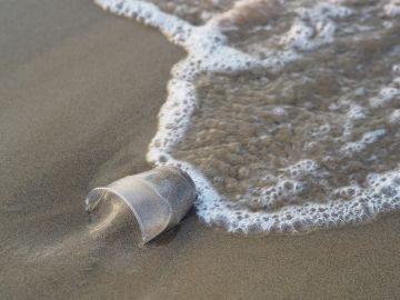 Vaso de plástico en la playa