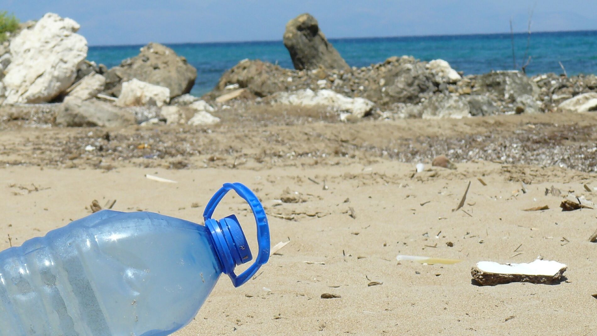 Una botella de plástico junto con otros residuos en una playa