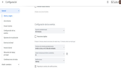 Dentro del modo de general podrás configurar los eventos que se añaden al calendario