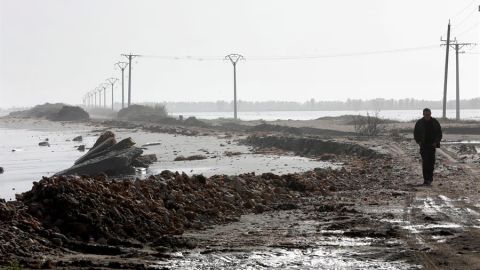Un hombre caminan por la playa de la Marquesa en el Delta del Ebro (Tarragona). Un hombre caminan por la playa de la Marquesa en el Delta del Ebro (Tarragona).