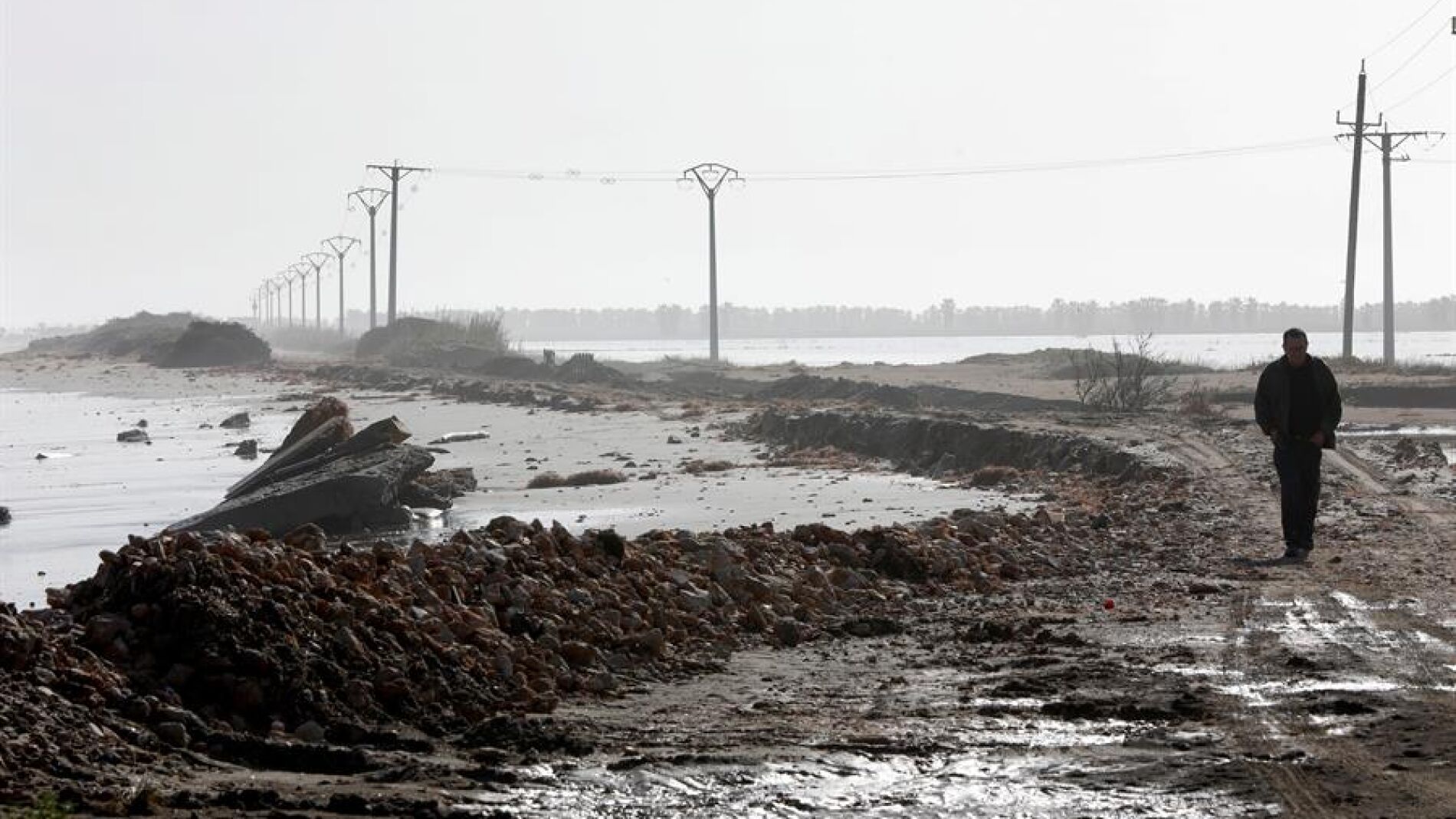 Un hombre caminan por la playa de la Marquesa en el Delta del Ebro (Tarragona).