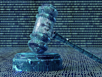 Un mallete de juez sobre un fondo codificado en sistema binario