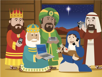 Representaci&oacute;n moderna de la ofrenda de los Reyes Magos con dispositivos electr&oacute;nicos.