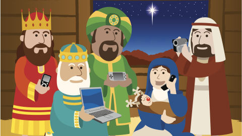 Representación moderna de la ofrenda de los Reyes Magos con dispositivos electrónicos.