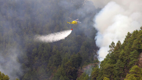 Un helicóptero vierte agua sobre el bosque incendiado en La Palma Un helicóptero vierte agua sobre el bosque incendiado en La Palma