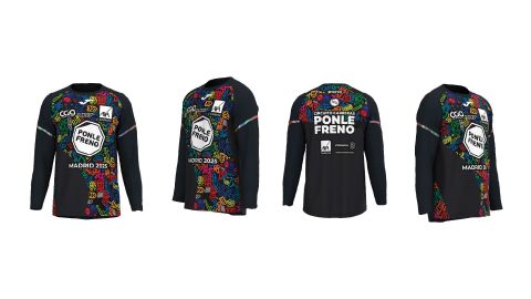 Así es la camiseta de la Carrera Ponle Freno Madrid 2025: de color negro, con llamativos símbolos de colores y componentes reflectantes en mangas y pecho Así es la camiseta de la Carrera Ponle Freno Madrid 2025: de color negro, con llamativos símbolos de colores y componentes reflectantes en mangas y pecho