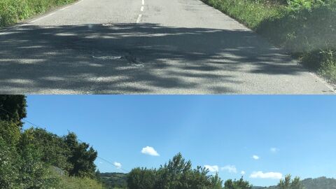 As-332 villaviciosa a la altura del pueblo Fuentes entre km 1 y 4 carretera caída cubierta con gravilla en mitad curva, caída en otra curva y con agujero más adelante en el medio. 