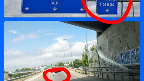 Agujero de grandes dimensiones (diapetro 1m aprox) en el puente de incorporación a la A42 dirección Toledo desde la M50 (salida 51) El agujero se encuentra al iniciar los dos carriles, a la izquierda del carril derecho. Adjunto fotografías de la salida de M50 y posición del agujero.