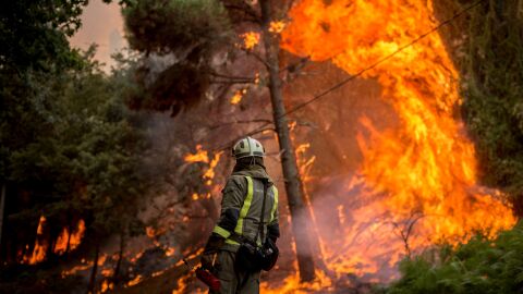 Un bombero realiza labores de extinción en el incendio forestal que permanece activo en el municipio orensano de Toén Un bombero realiza labores de extinción en el incendio forestal que permanece activo en el municipio orensano de Toén