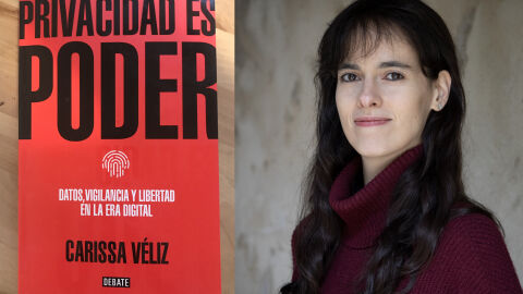 La investigadora Carissa Véliz y la portada de su libro 'Privacidad es poder'.
