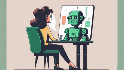 Imagen generada por Midjourney por el prompt "robot teniendo una reunión online con una mujer" Imagen generada por Midjourney por el prompt "robot teniendo una reunión online con una mujer"