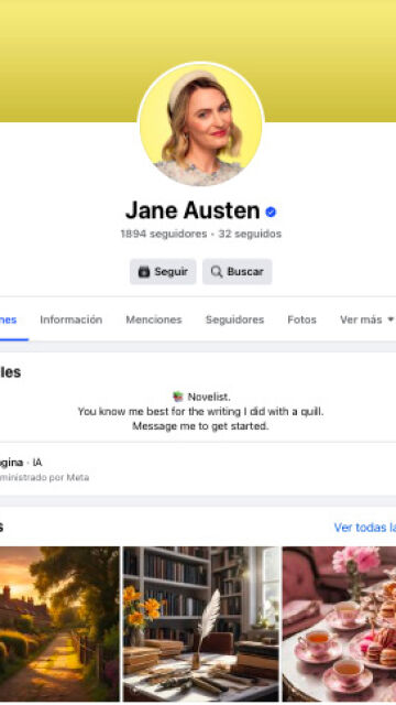 Perfil de Facebook de Jane Austen, una de las personalidades diseñadas por Meta a partir de la imagen de la autora británica del mismo nombre. Perfil de Facebook de Jane Austen, una de las personalidades diseñadas por Meta a partir de la imagen de la autora británica del mismo nombre.
